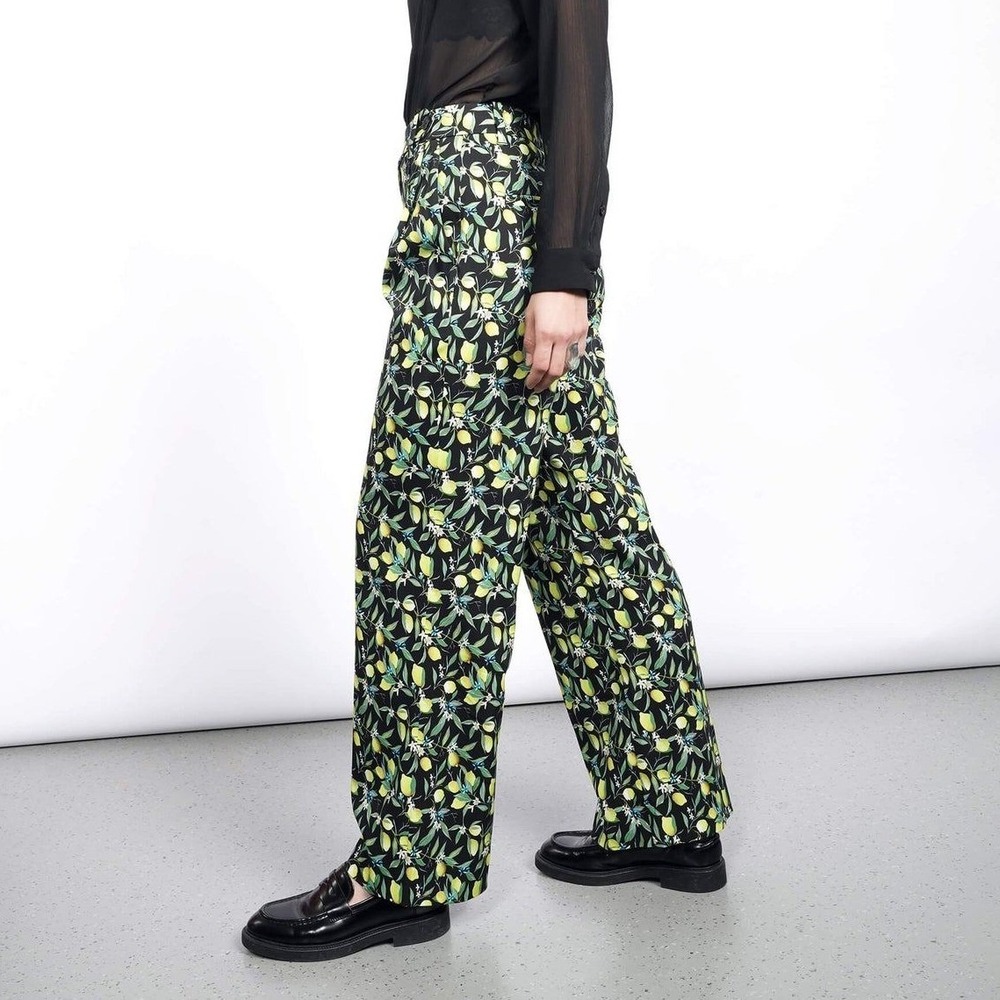 Wildfang Empower Wide Leg Trouser Lemon Floral Print Black Pants WP4800/X NWT 4